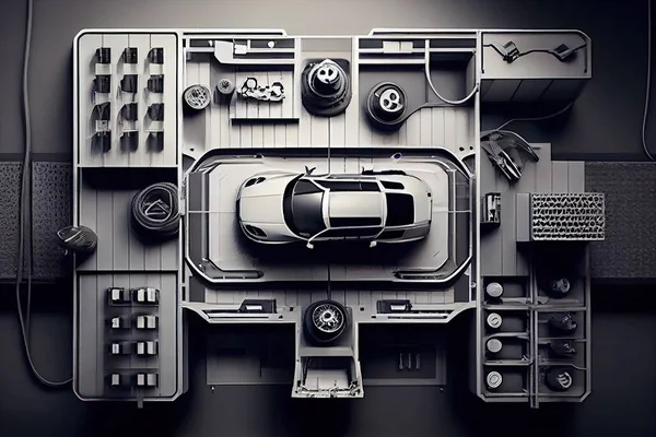 A car is parked in a garage with other cars and accessories around it as well as a car in a box detailed an ambient occlusion render assemblage
