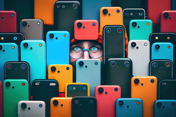 A woman peeking out from behind a pile of cell phones with her eyes closed and her head peeking out award - winning photo a stock photo art photography