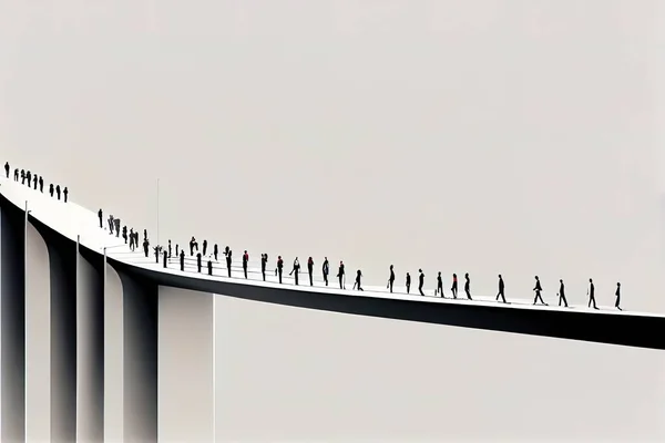 A group of people walking across a bridge over water with a sky background and a long line of people walking across the bridge symmetric balance a photo precisionism