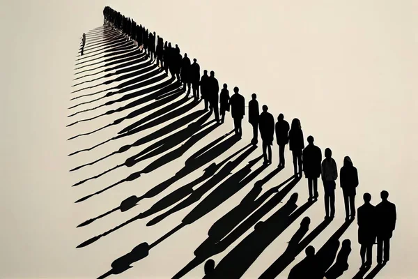 A long shadow of a group of people standing in a row with a long shadow of a man shadows a raytraced image precisionism