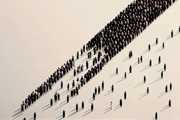 A large group of people standing in the shape of a long line of people on a white surface award-winning photograph an ultrafine detailed painting precisionism