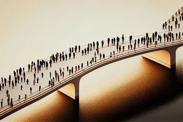 A group of people walking across a bridge over water with a long line of people award-winning photograph an ultrafine detailed painting analytical art