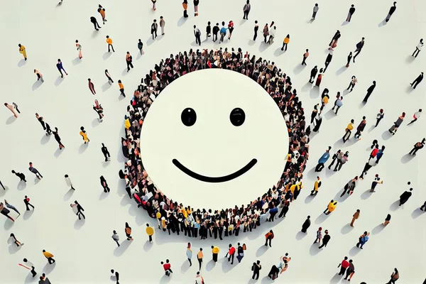 A large group of people standing around a smiley face sign with a smiley face on it smile a digital rendering figuration libre