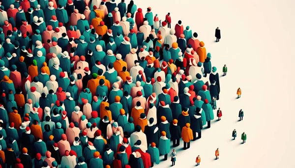 A group of people standing in a row with one person standing out from the crowd editorial illustration a storybook illustration figurativism