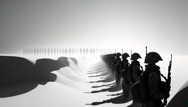 A line of soldiers standing in a line in the snow with a shadow of a car ambient occlusion an ambient occlusion render generative art