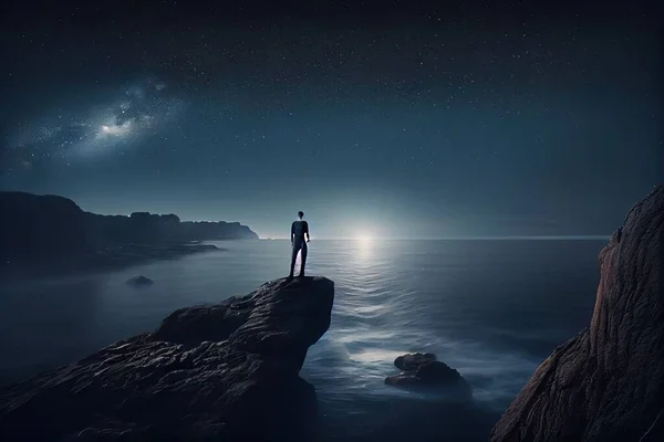 A man standing on a cliff looking at the stars above the ocean at night time sense of awe a matte painting space art