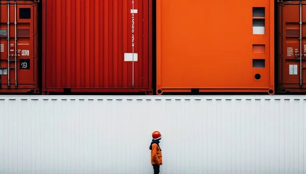 A person standing in front of a red container wall with a red helmet on his head orange a minimalist painting minimalism