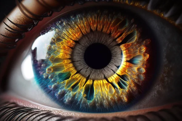 A close up of a human eye with a colorful iris of color in it\'s iris realistic eyes a 3d render psychedelic art