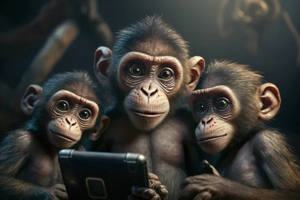 Three monkeys sitting next to each other holding a tablet computer and looking at the camera animal photography a stock photo art photography