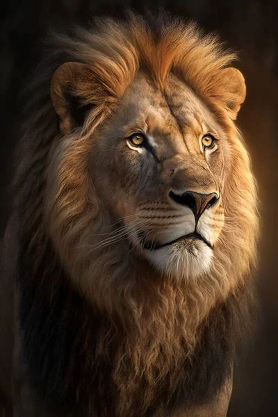 A lion with a long mane and yellow eyes looking at the camera with a dark background cgstudio a digital painting photorealism