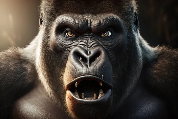 A gorilla with a big mouth and a big smile on his face with a dark background weta digital a 3d render photorealism
