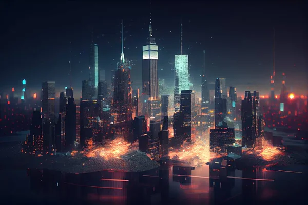 A cityscape with a lot of tall buildings and lights at night time with a lot of bright lights cityscape a matte painting retrofuturism