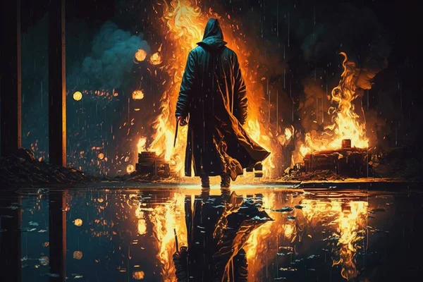 A man in a hooded jacket standing in front of a fire with a reflection on the ground cinematic concept art cyberpunk art fantasy art
