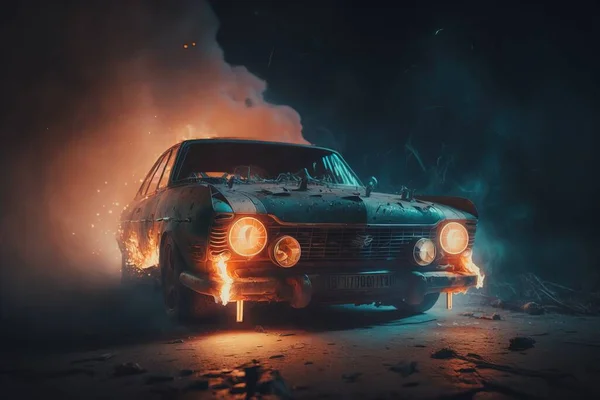 A car with a lot of flames on it\'s hood and headlights on in the dark octane renderer a 3d render auto-destructive art