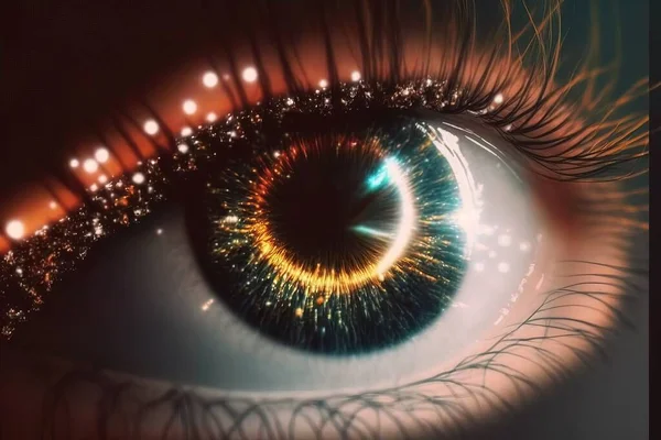 A close up of a person\'s eye with a bright light in the iris realistic eyes cyberpunk art video art