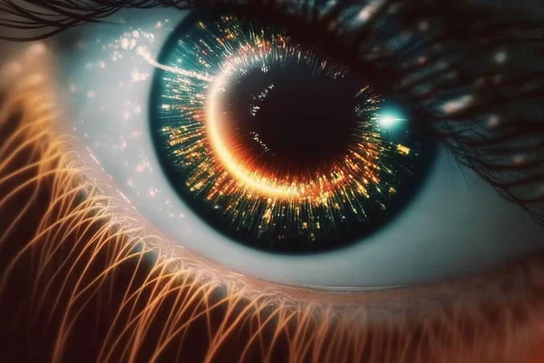 A close up of a person\'s eye with a bright light in the iris realistic eyes a hologram video art