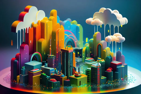 A city with rainbow colored buildings and clouds floating over it with a rainbow colored sky colorful flat surreal design a 3d render synchromism