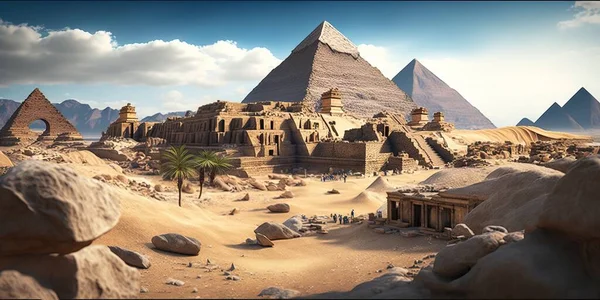 A desert scene with a pyramid and a palm tree in the foreground and a few other pyramids in the background cinematic matte painting a detailed matte painting photorealism