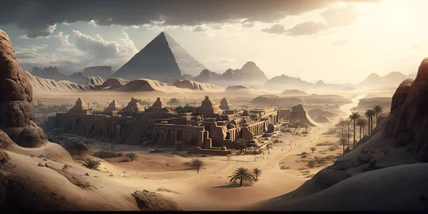 A desert landscape with a pyramid and a desert town in the distance with palm trees cinematic matte painting a detailed matte painting fantasy art