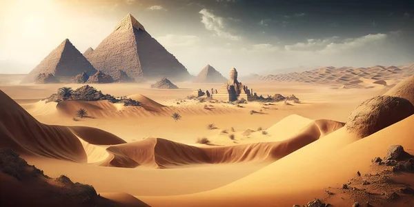 A desert scene with pyramids and sand dunes in the foreground and a sunbeam in the background cinematic matte painting a detailed matte painting afrofuturism