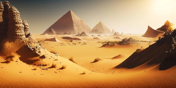 A desert with a lot of sand and rocks in it and a few pyramids in the distance cinematic matte painting a detailed matte painting afrofuturism