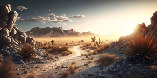 A desert scene with a path leading to a mountain range at sunset or dawn with a sun setting cinematic matte painting a matte painting photorealism