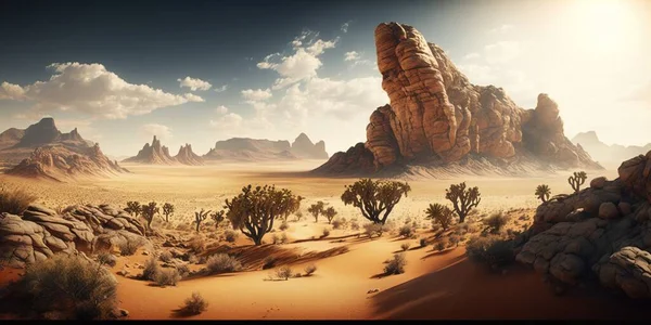 A desert scene with rocks and trees in the foreground and a mountain range in the background cinematic matte painting a matte painting photorealism