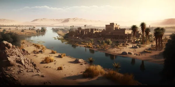 A painting of a desert with a river and a city in the distance with mountains in the background cinematic matte painting a detailed matte painting photorealism