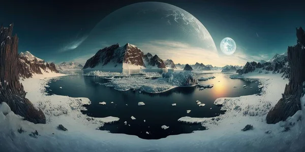 A computer generated image of a landscape with a lake and mountains in the background and a moon in the sky matte fantasy painting a matte painting space art