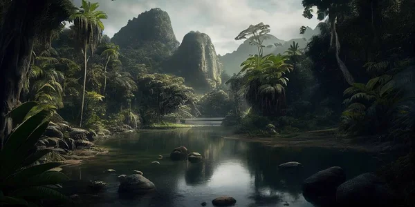 A river surrounded by trees and rocks in a forest area with a bridge in the middle cinematic matte painting a detailed matte painting photorealism