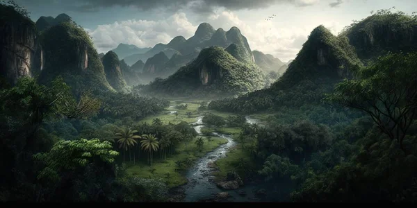 A painting of a river running through a lush green forest filled with mountains and trees matte fantasy painting a detailed matte painting fantasy art