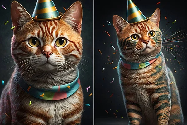 A cat wearing a party hat and a scarf around its neck and necktie and a cat wearing a party hat and a scarf highly detailed digital painting a photorealistic painting photorealism
