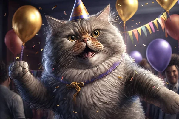 A cat wearing a party hat and holding a bunch of balloons in front of a crowd league of legends splash art a stock photo furry art