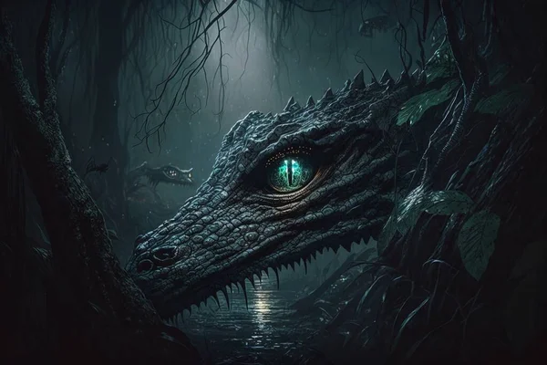 A large alligator with a glowing eye in the dark forest with a pond and trees dragon art a digital painting fantasy art