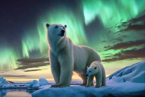 A polar bear and her cub stand on an ice floeum with the aurora bore in the background wildlife photography a matte painting space art