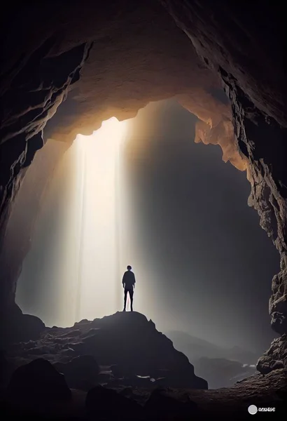 A man standing in a cave looking at the light coming through the cave door dim volumetric lighting a cave painting light and space