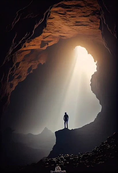 A man standing in a cave looking at the light coming through the cave door dim volumetric lighting a cave painting light and space