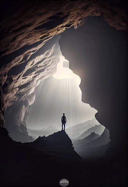 A man standing in a cave looking at the light coming through the cave door highly detailed digital painting a cave painting light and space