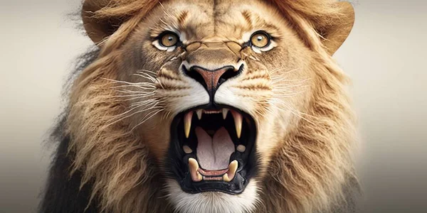 A lion with its mouth open and it\'s teeth wide open and it\'s mouth angry a poster photorealism