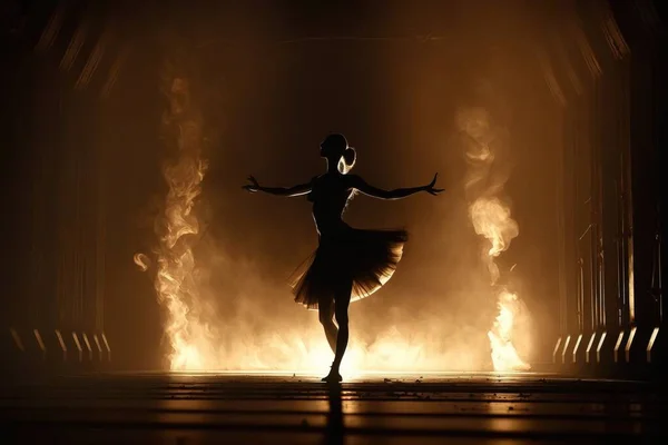A woman in a dress is dancing in a dark room with fire behind her and a light from the ceiling cinematic photography a bronze sculpture arabesque
