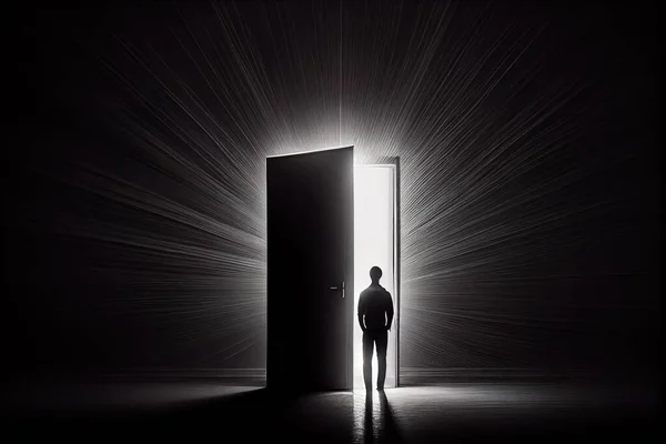 A man standing in front of a doorway with light streaming through it and a doorway with a man standing in front of it liminal space a raytraced image light and space