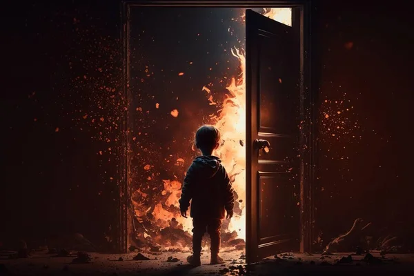 A boy standing in front of a door with a fire coming out of it and a fire coming out of the door promotional image poster art auto-destructive art