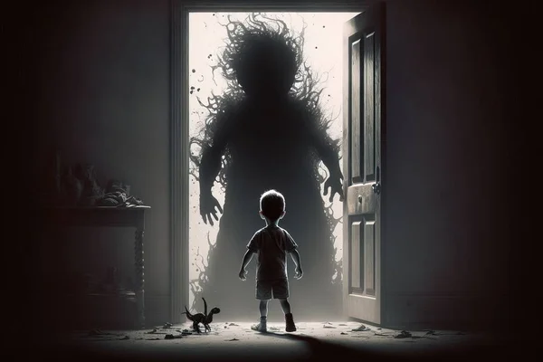 A child standing in front of a doorway with a dog in front of it and a giant monster behind him sinister poster art sots art