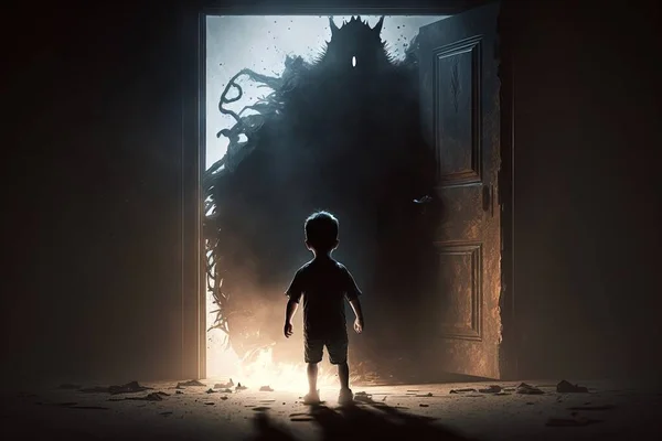 A boy standing in front of a doorway in a dark room with a giant monster promotional image poster art sots art