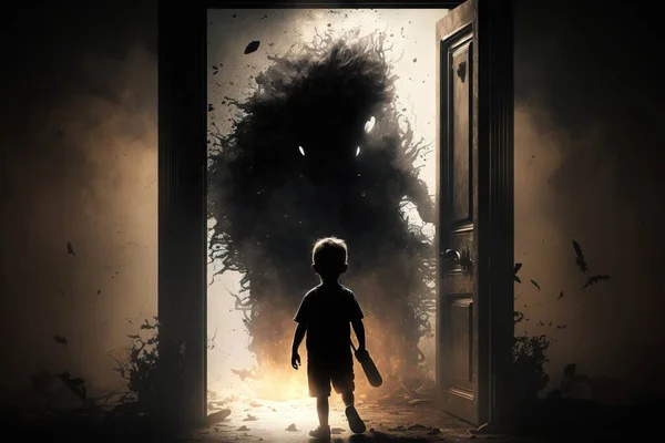 A child standing in front of a doorway with a giant monster in the background of the image comic cover art a storybook illustration sots art