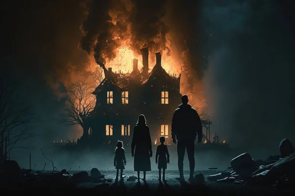 A family standing in front of a house on fire with a large smokestack cinematic matte painting poster art fantastic realism