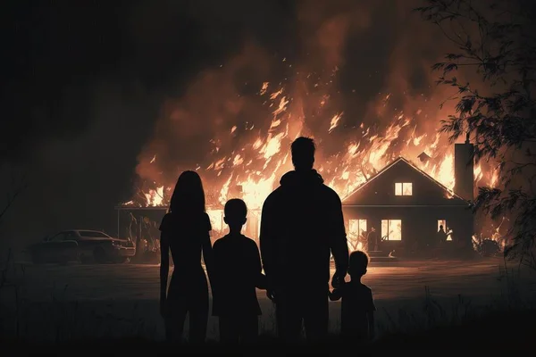 A family standing in front of a fire with a house on fire in the background promotional image concept art american realism