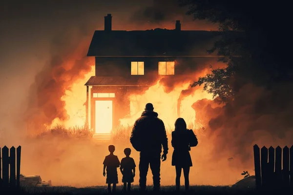 A family standing in front of a house on fire with a house on fire in the background apocalypse concept art american realism