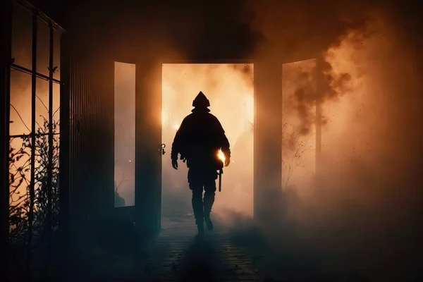 A man walking into a dark tunnel with smoke coming out of it and a bright light coming from behind him cinematic 4k wallpaper a stock photo symbolism