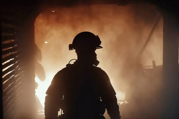A firefighter standing in front of a fire with a back light on his head cinematic still a microscopic photo video art
